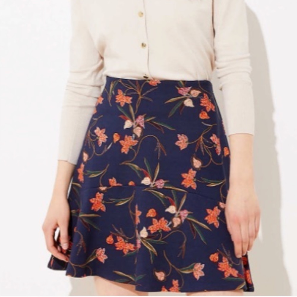 Loft Navy Blue with Orange & Red Floral Print Flippy Ponte Fit/Flare Skirt - XXL